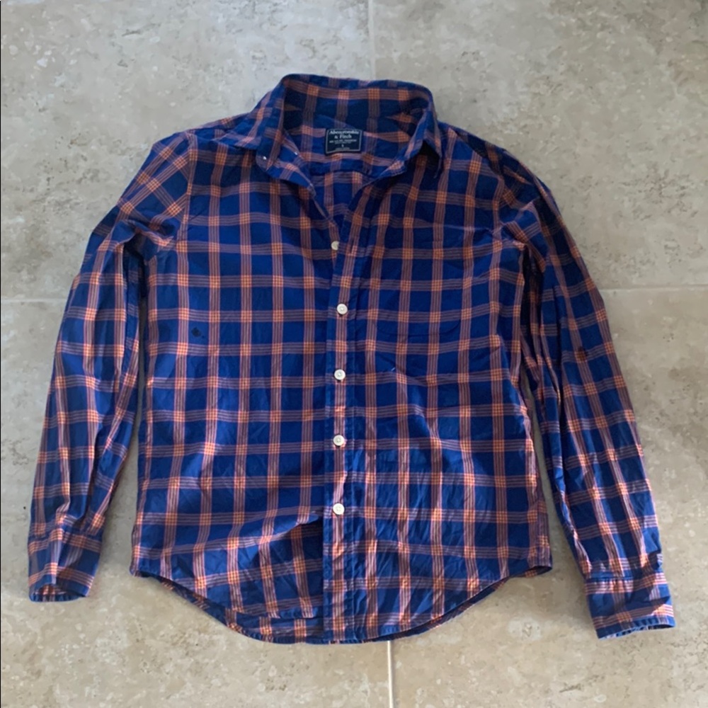 Abercrombie and Fitch Men's Blue and Orange Plaid Shirt Size Small